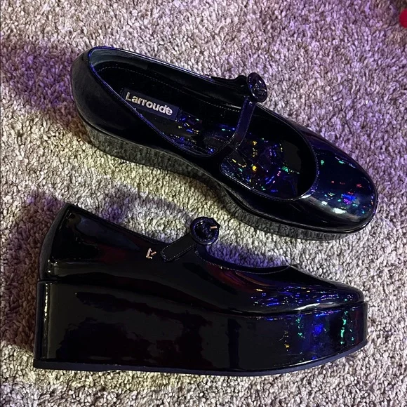 Black Patent Platform Wedge Heel Mary Jane Larroude Blair Flatform - Picture 2 of 5